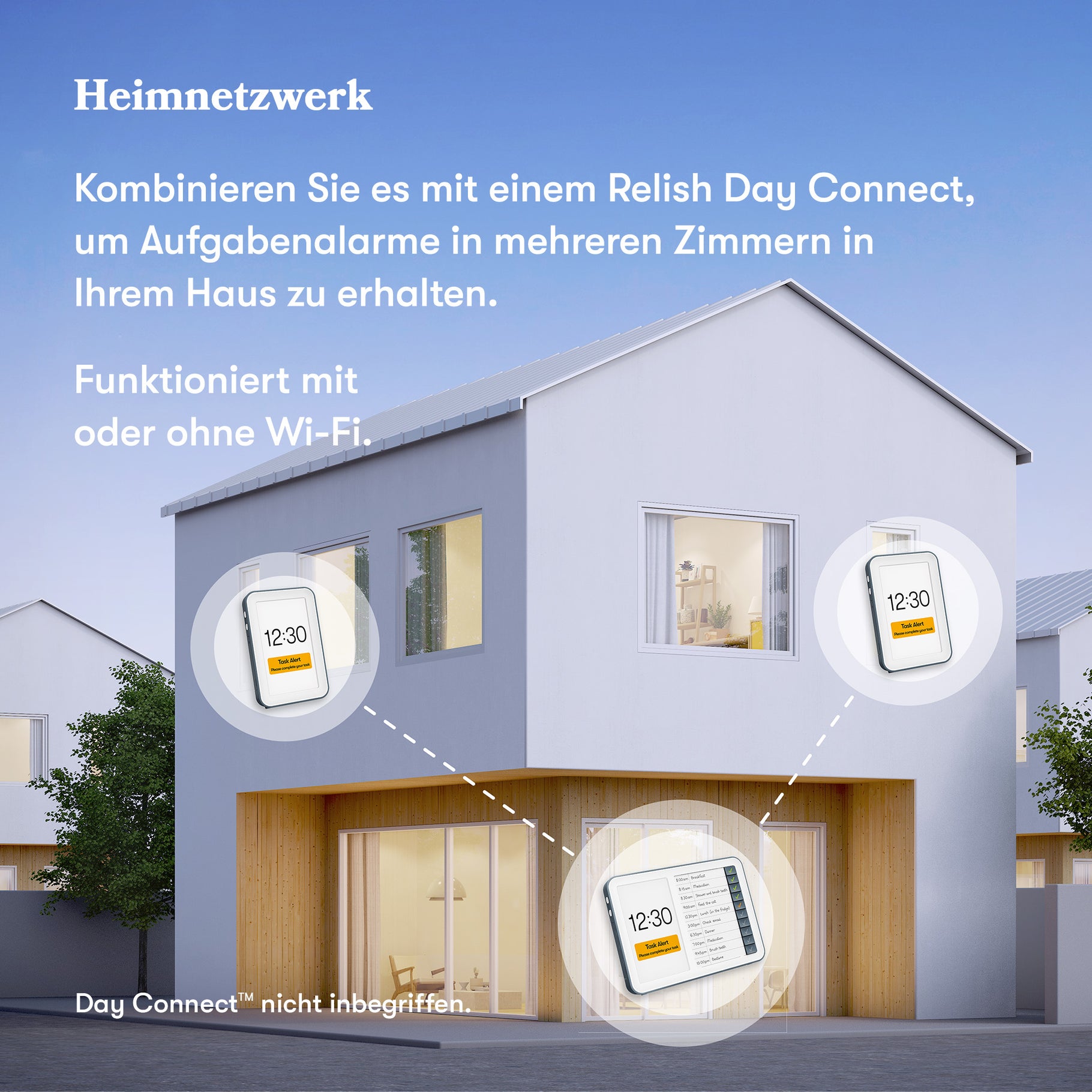 Smart home with dementia clocks for care homes, aiding activities for elderly and dementia patients with Wi-Fi connectivity.