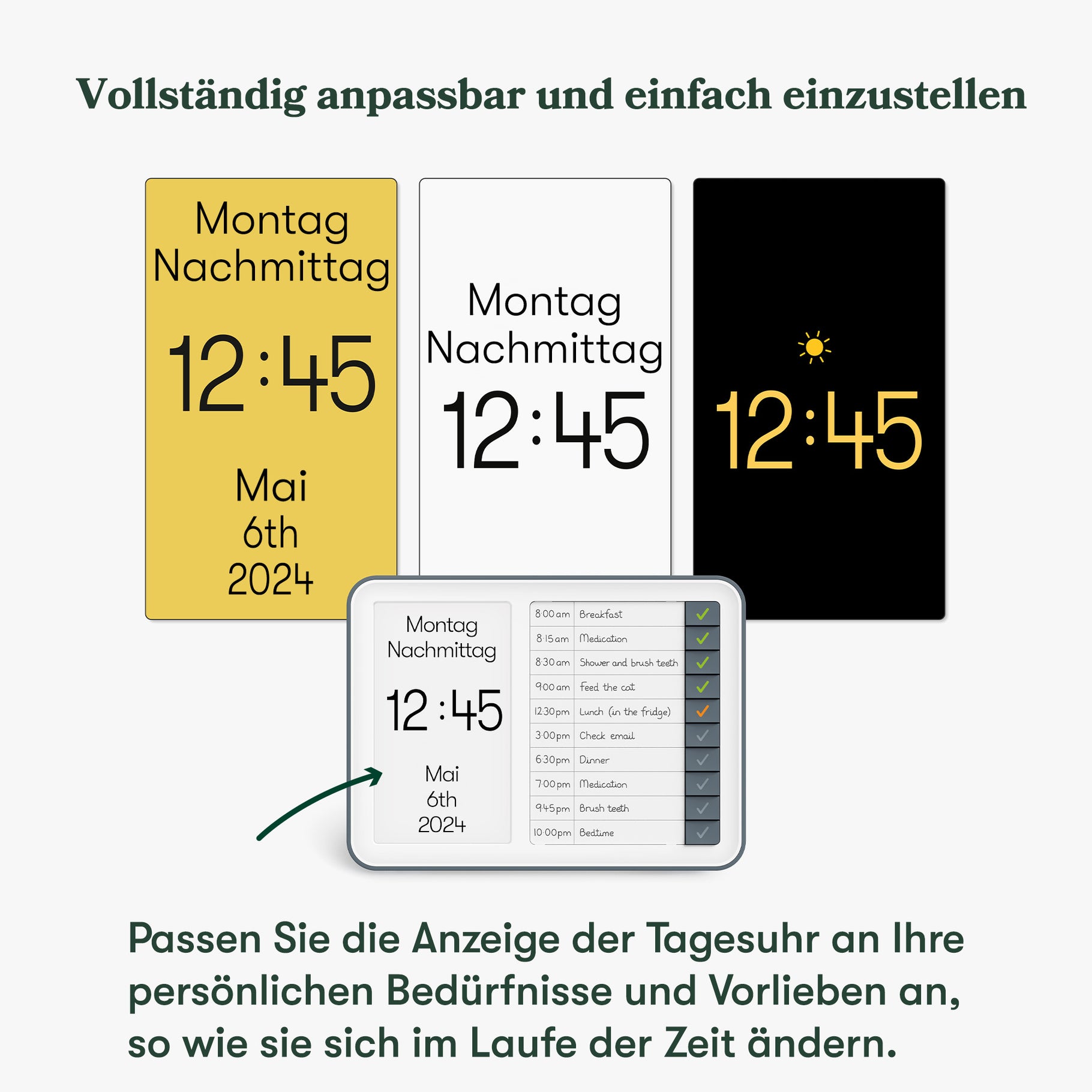 Customizable dementia clock shows time, date, and reminders, ideal for care home activities and gifts for dementia patients.