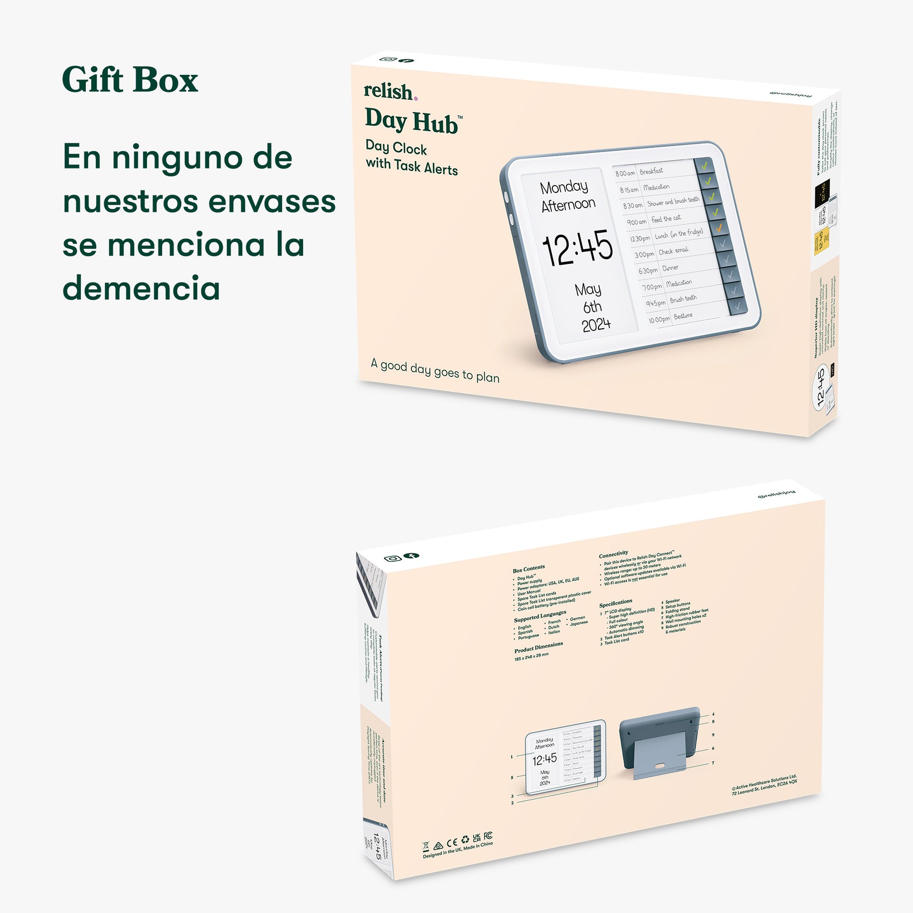 Relish Day Hub clock box, ideal for dementia care homes, features task alerts. A thoughtful Alzheimer's gift for elderly.