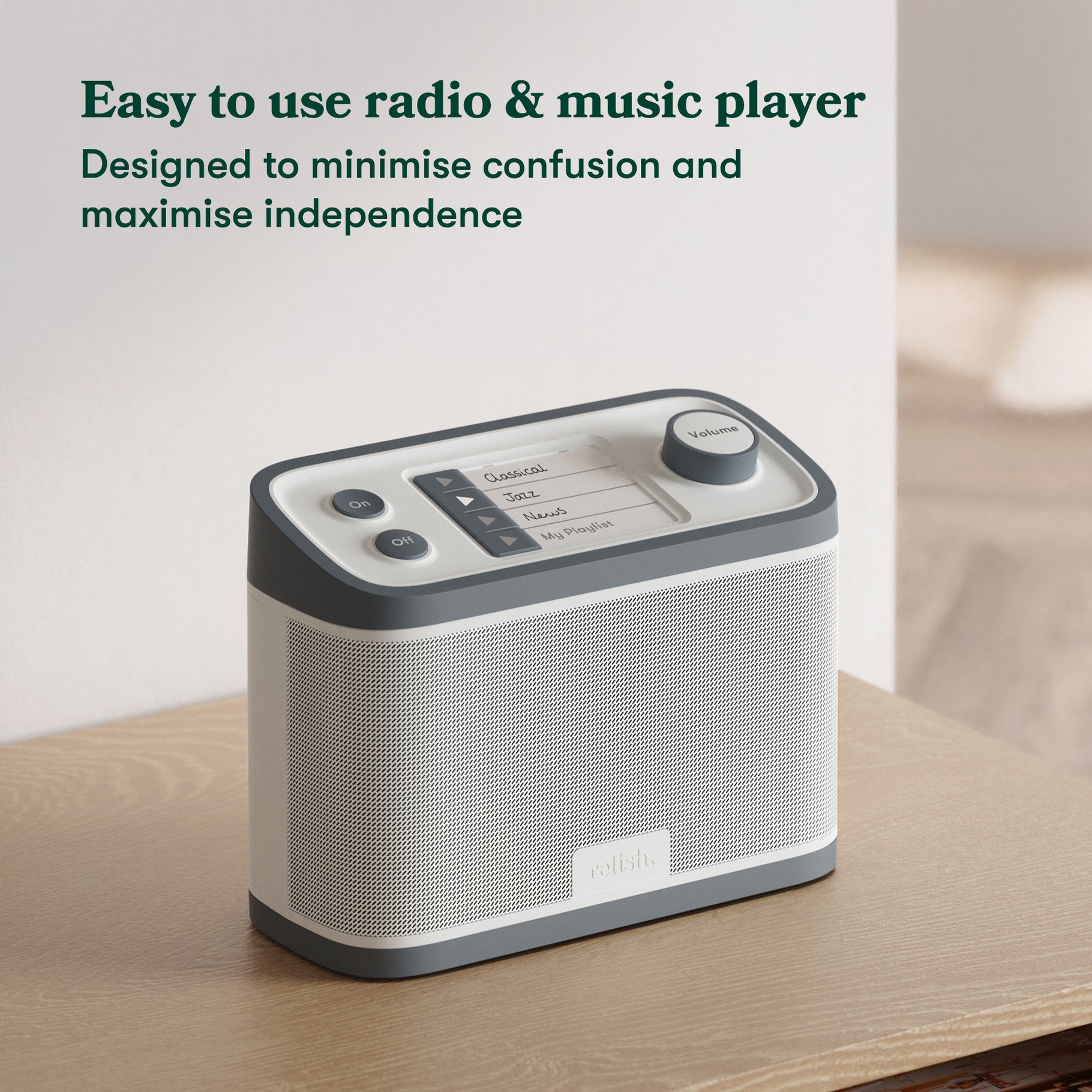 User-friendly dementia radio on a shelf, designed for dementia and Alzheimer's assistance, enhancing daily life. Image caption reads: Easy to use radio & music player
Designed it minimise confusion and maximise independence. UK plays DAB+ & FM Radio and mp3 player