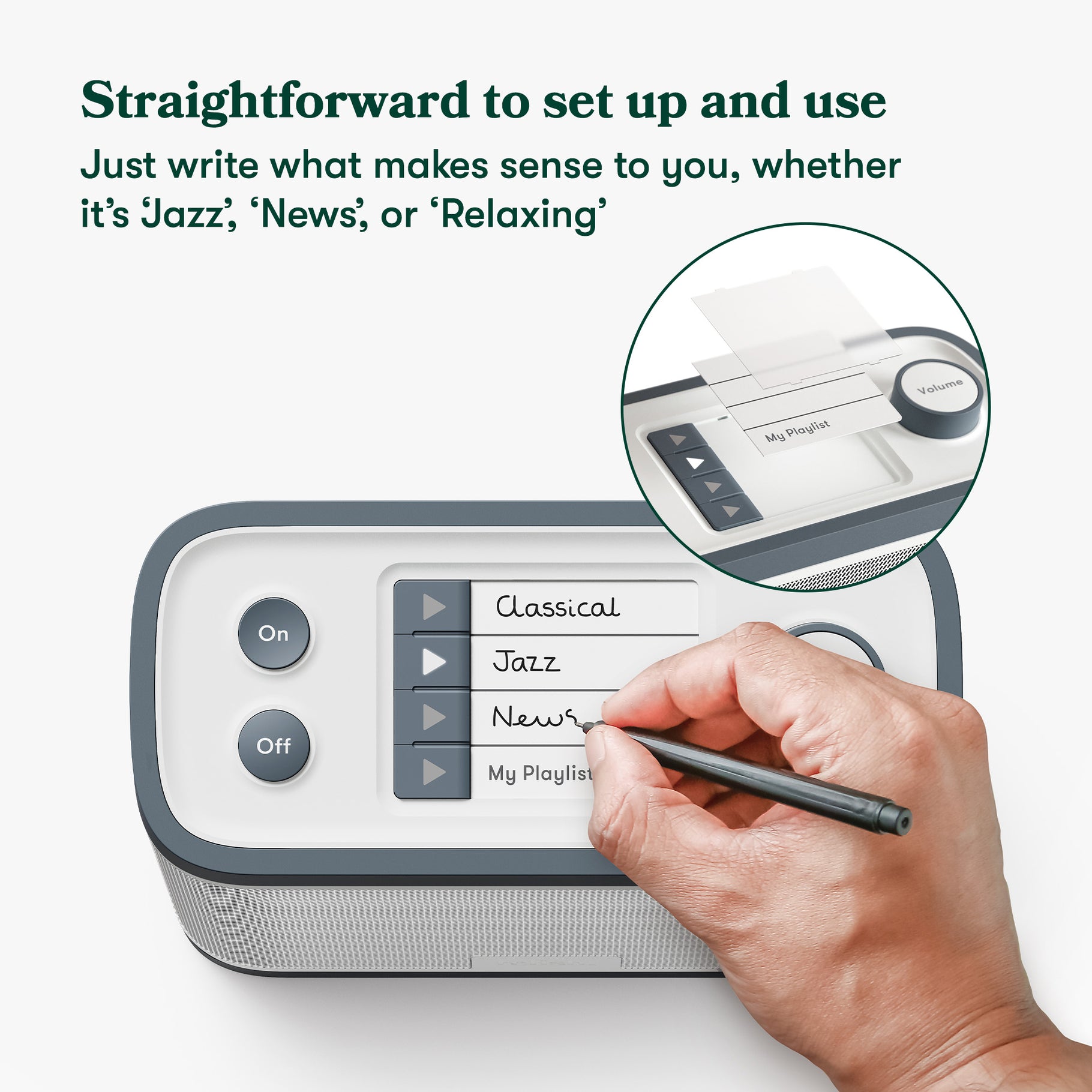 Top panel of the Relish Radio. On the left side is the convex Off button and concave On button, and in the centre a person is writing personalised station names on the removable label.