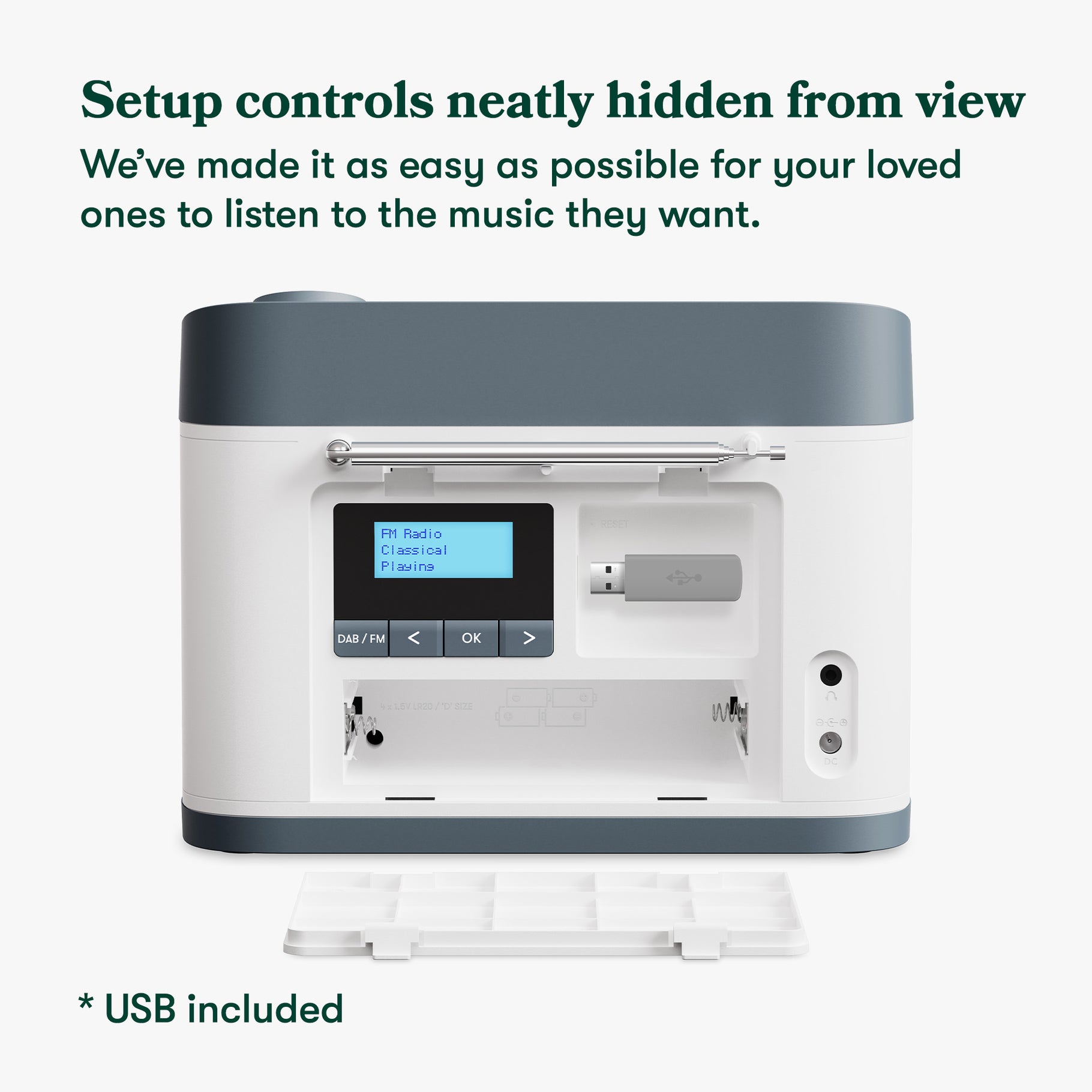 Back panel is removed from Relish Radio back showing USB placement, and setup buttons used for station finding.USB Included.