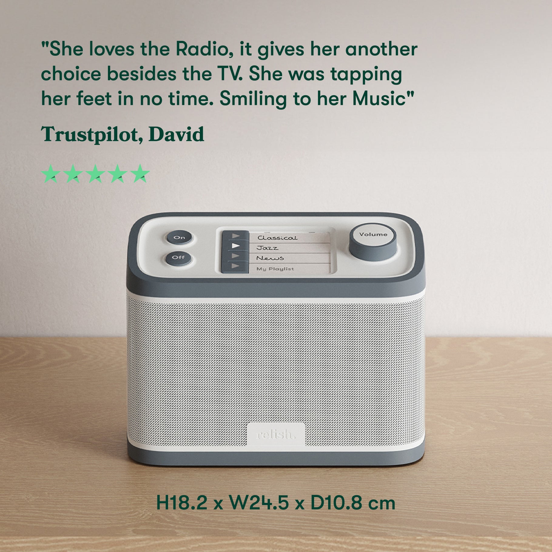 5 star Trustpilot review: "She loves the Radio, it gives her another choice besides the TV. She was tapping her feet in no time. Smiling to her" David. Product size is: height - 18.2cm, width - 24.5cm, depth - 10.8cm