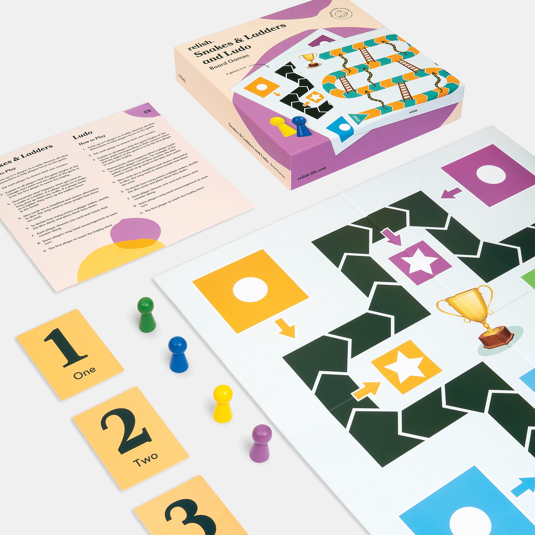 Board game set for people living with dementia, featuring colorful pieces and cards, ideal for care home activities and engagement.