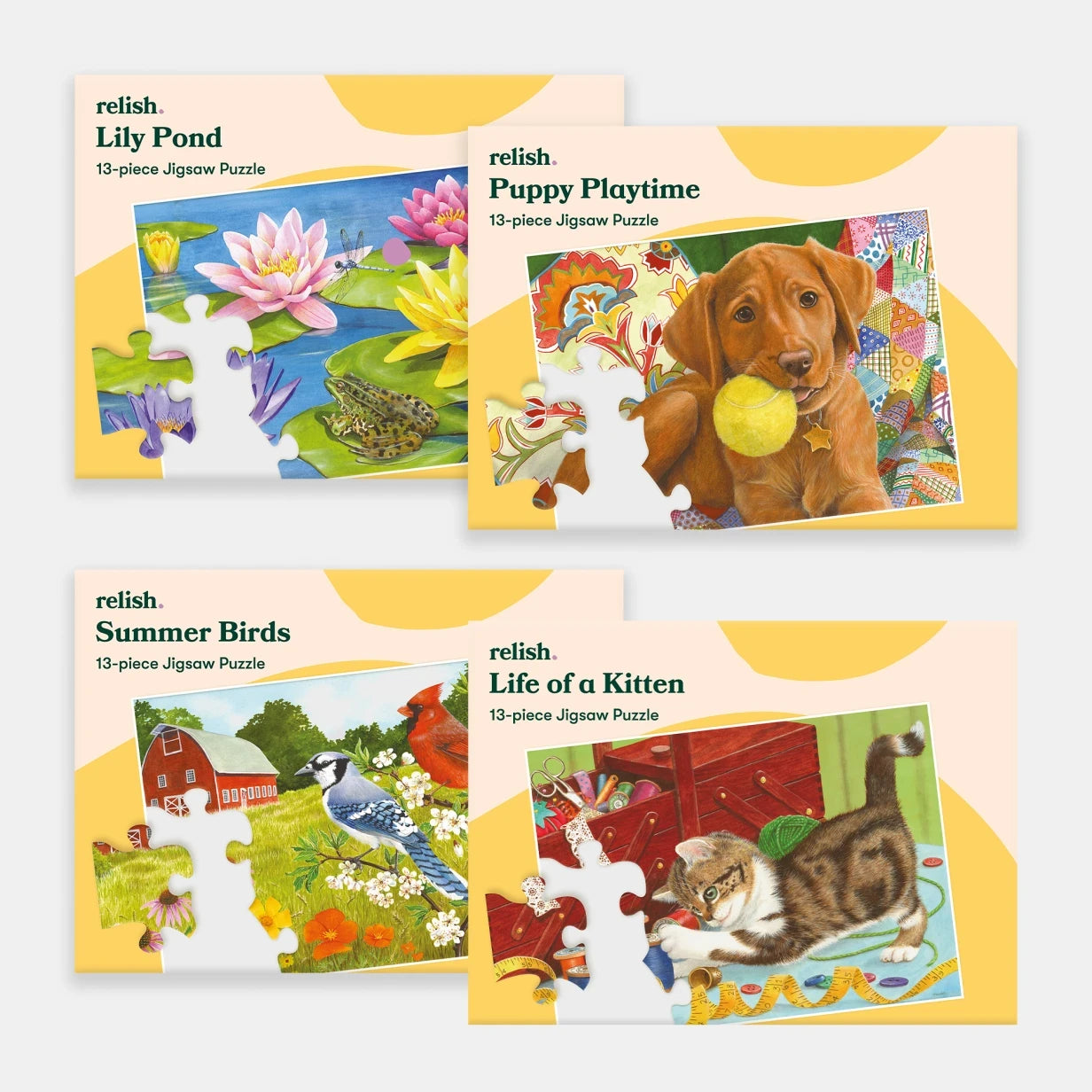 Four colorful 13-piece jigsaw puzzles for dementia patients, featuring animals and nature, ideal for care home activities.