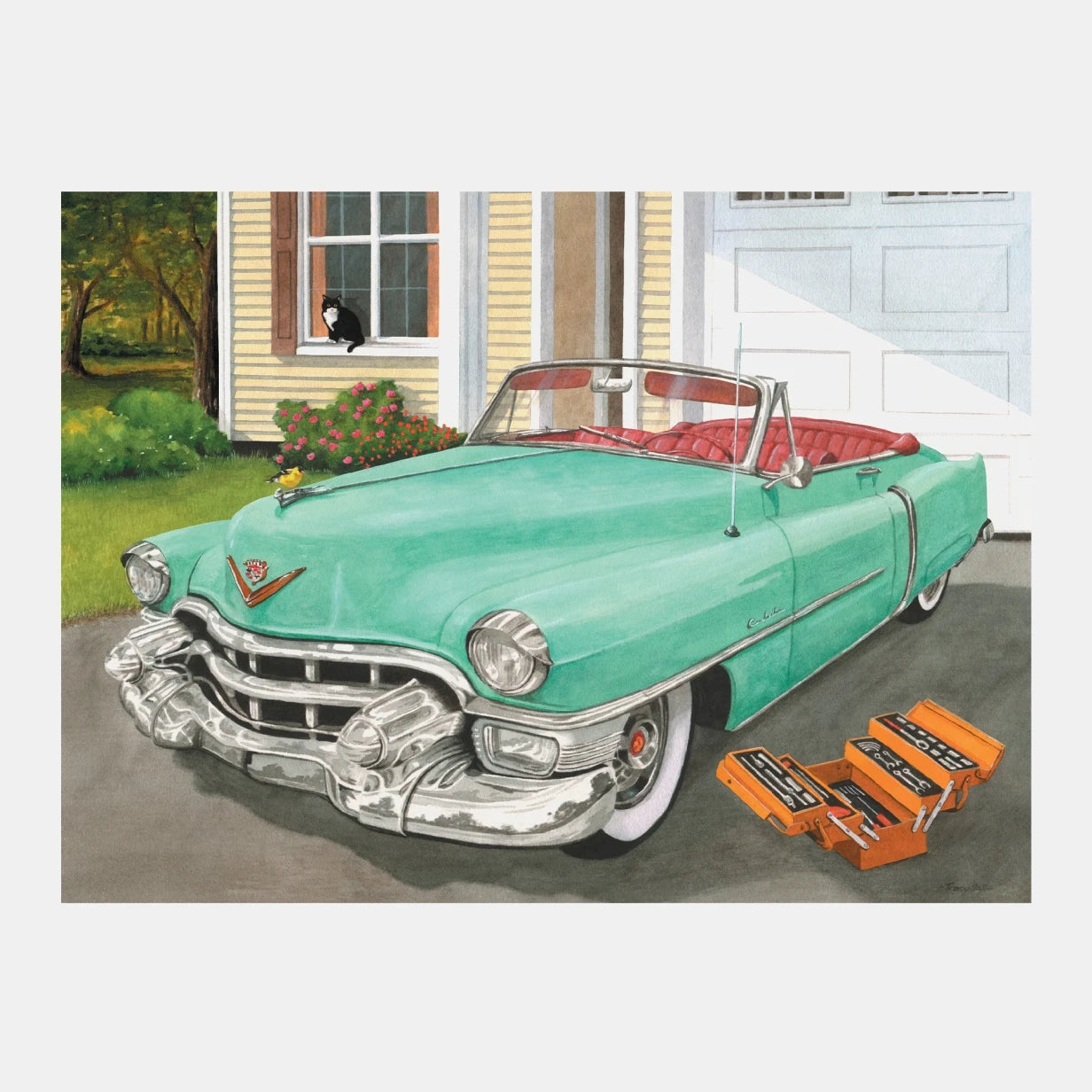 Classic car illustration, ideal for dementia activities like aqua painting, fostering engagement and joy in care homes.