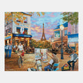 Paris street scene with painter, cyclist, and Eiffel Tower; ideal for dementia activities, gifts, and care home engagement.|market_au_ca_dk_fi_fr_international_ie_it_nl_pt_es_se_gb_us