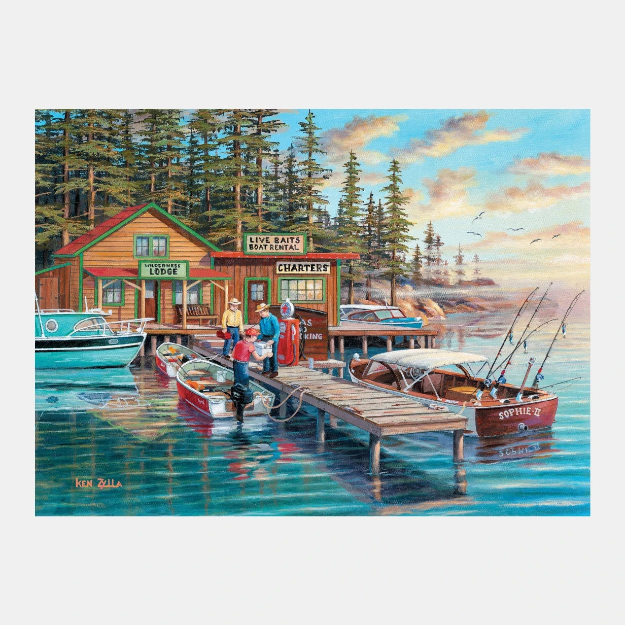 A peaceful lakeside scene with a lodge and boats, evoking a nostalgic, tranquil mood ideal for those with dementia or Alzheimer's.