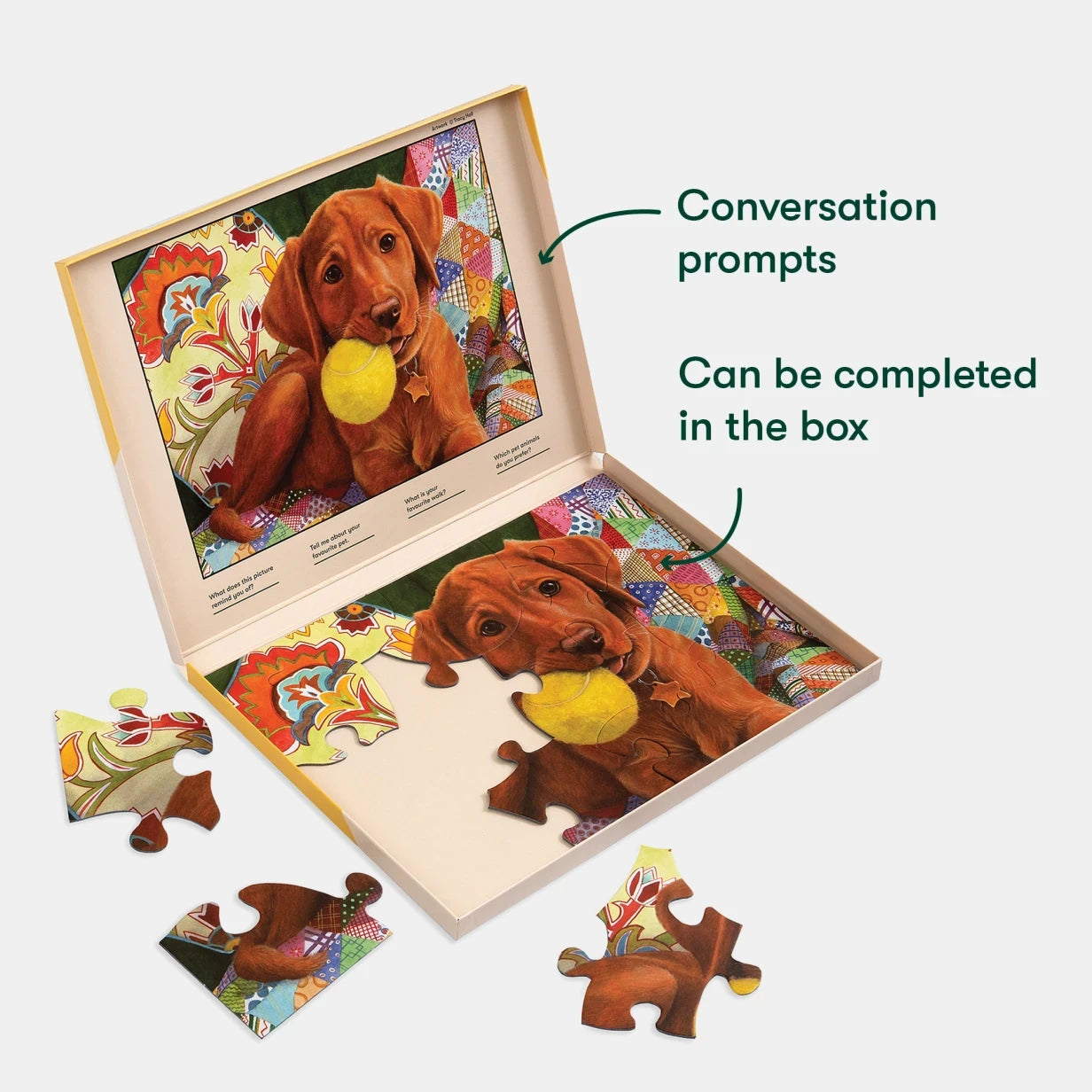 Puzzle with dog image, ideal for dementia activities, care homes, and gifts for elderly. Includes conversation prompts.