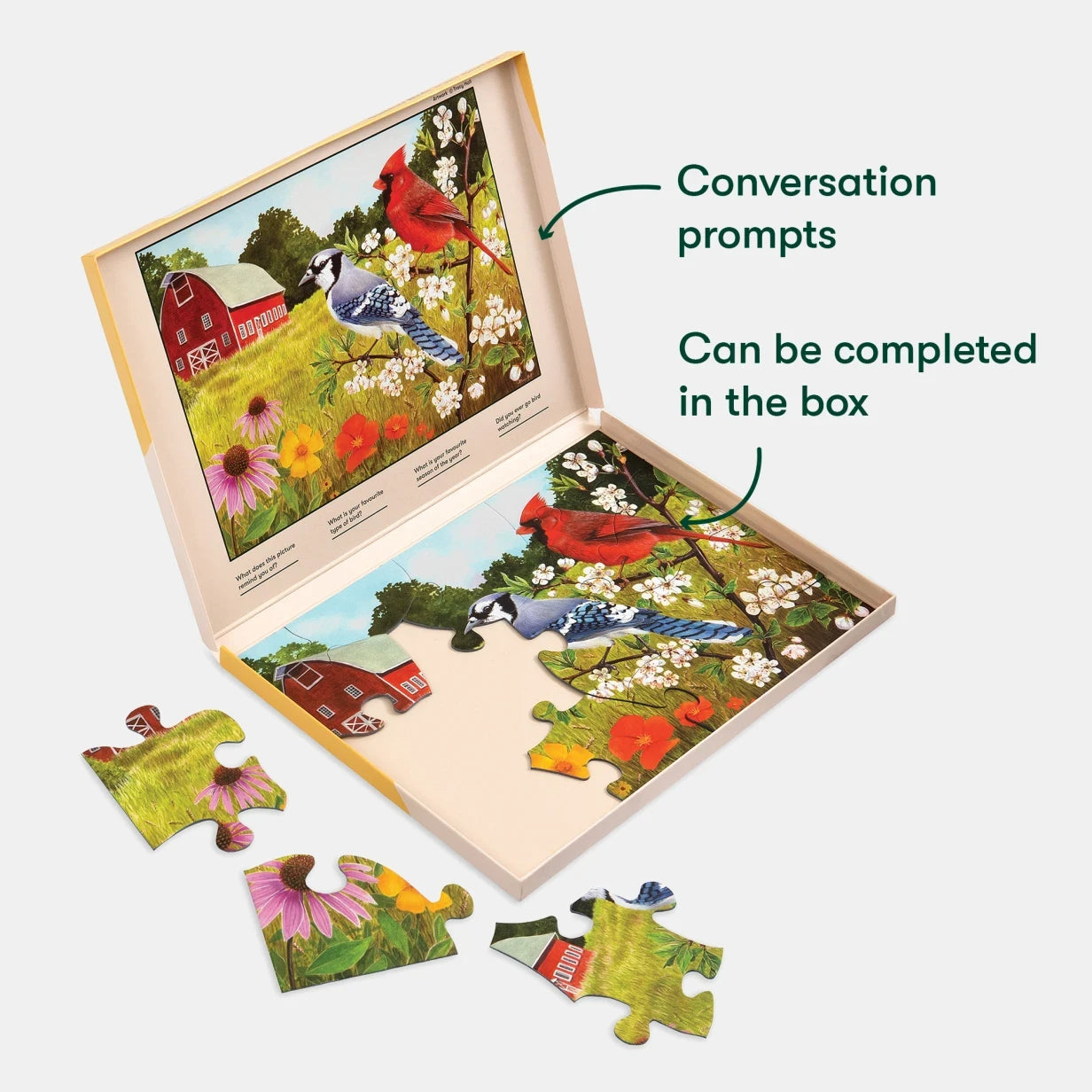 Puzzle for dementia patients with bird scene, conversation prompts, ideal for care home activities and gifts for elderly.