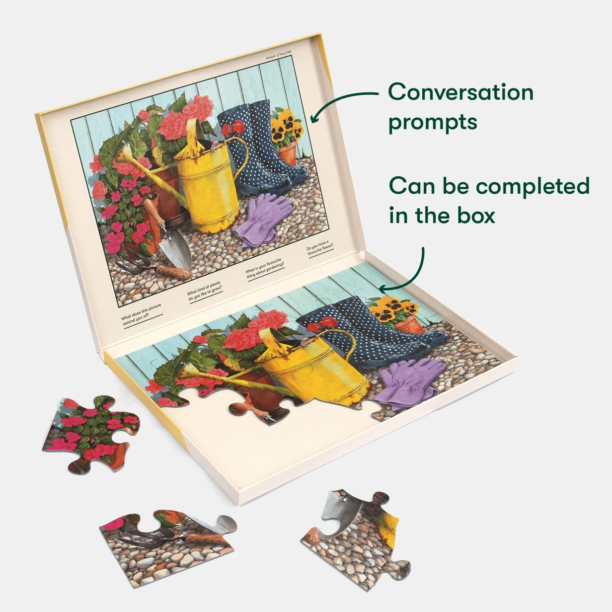 Puzzle with garden scene for people living with dementia, featuring conversation prompts. Ideal for care home activities and gifts.