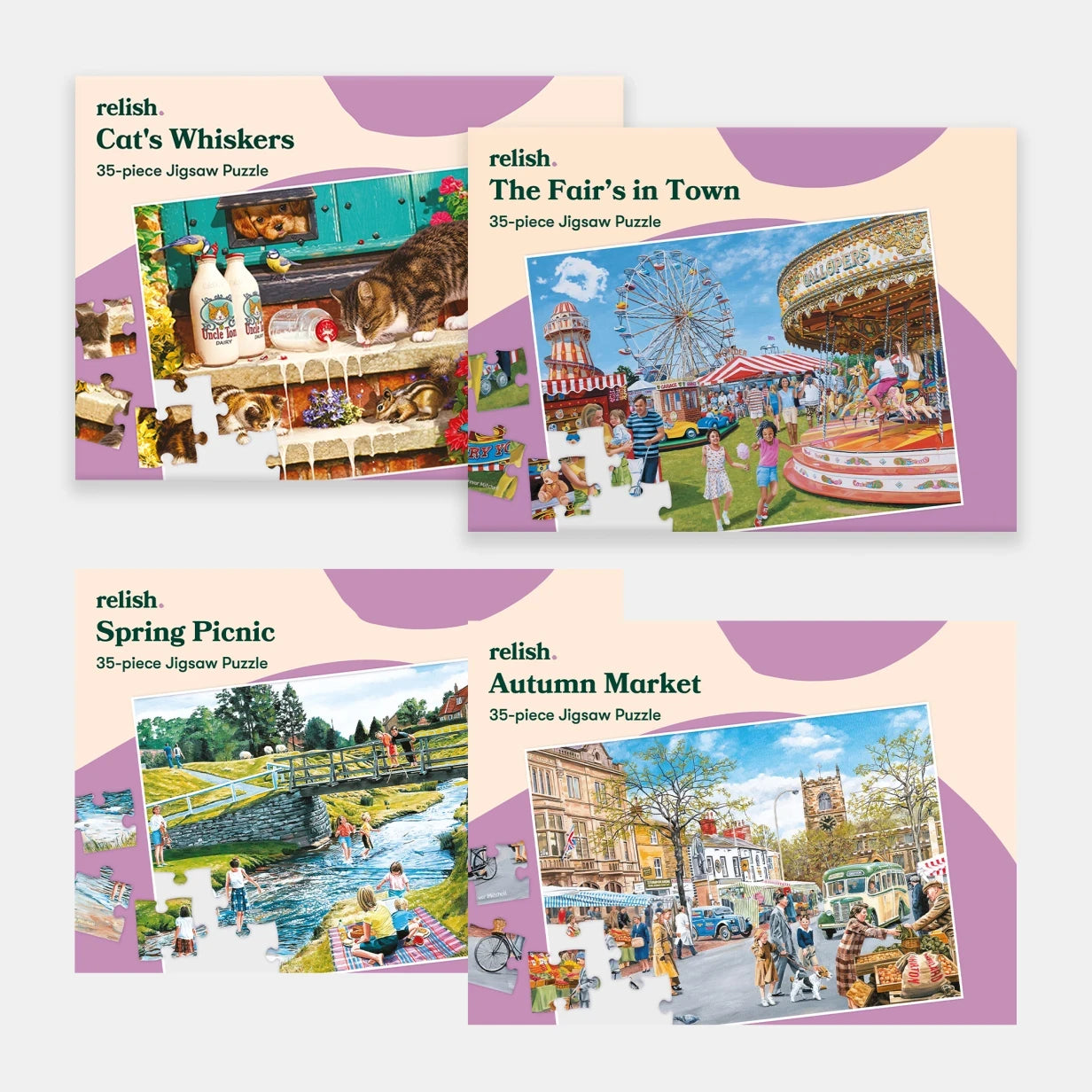 Four Relish Life jigsaw puzzles for dementia patients, featuring vibrant scenes, ideal for care home activities and gifts.
