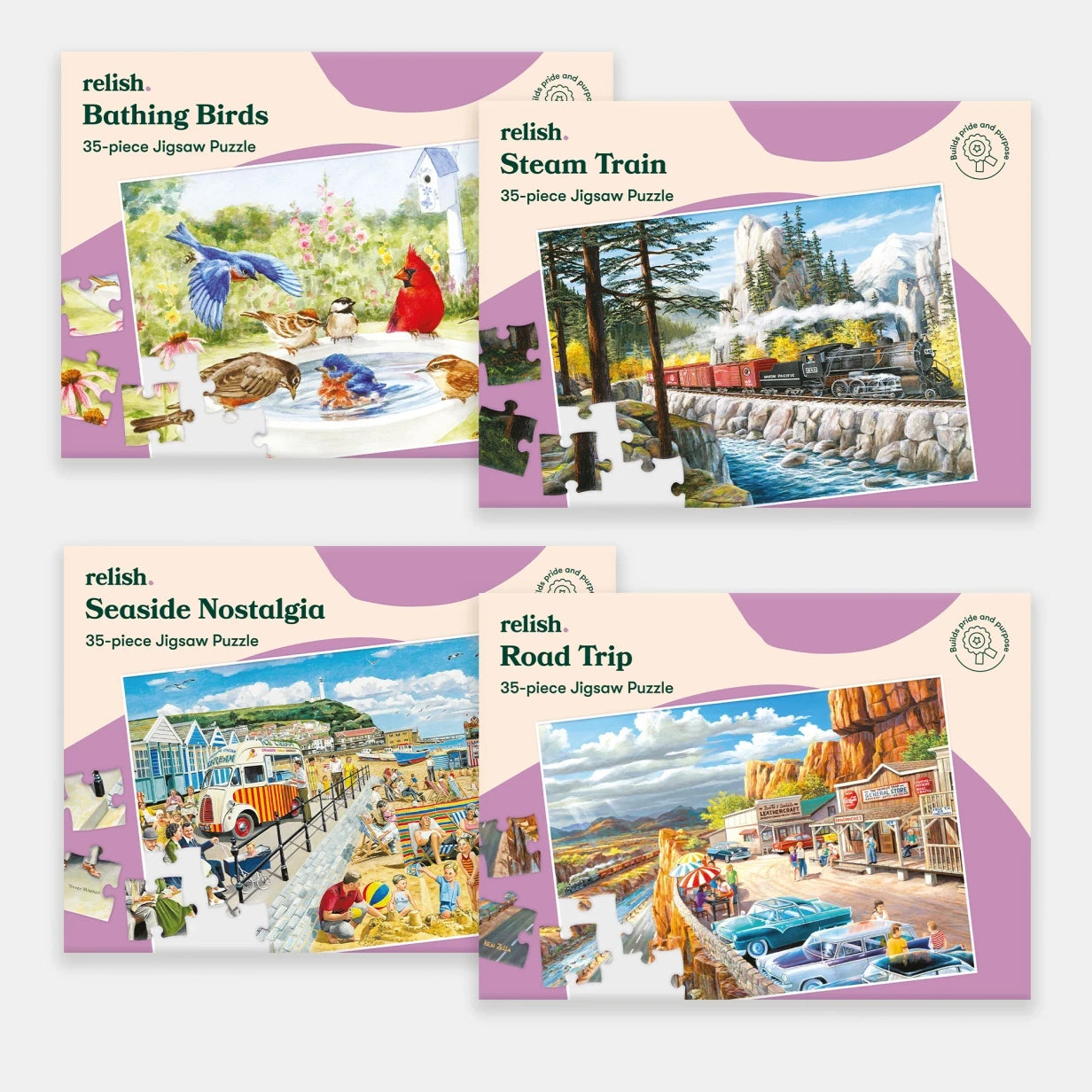 Jigsaw puzzles for dementia patients featuring birds, trains, and road trips, ideal activities for elderly in care homes.