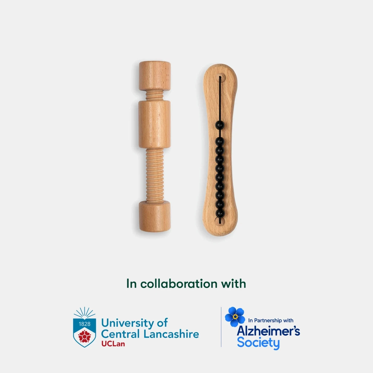 Wooden fidget toys for people living with dementia, ideal for care home activities, promoting engagement and calm.