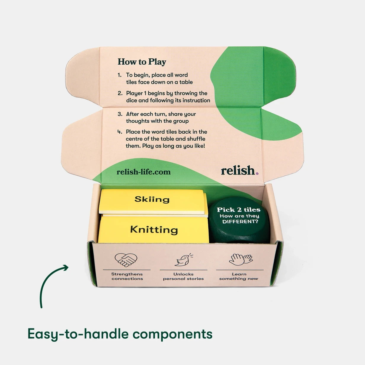 Box with word tiles for dementia activities, enhancing connections and stories. Ideal for care homes and elderly engagement.