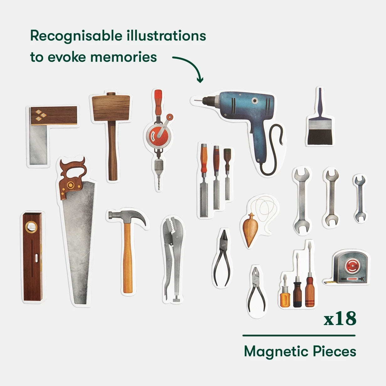 Magnetic tool pieces evoke memories, ideal for dementia activities, care homes, and gifts for elderly with Alzheimer's.