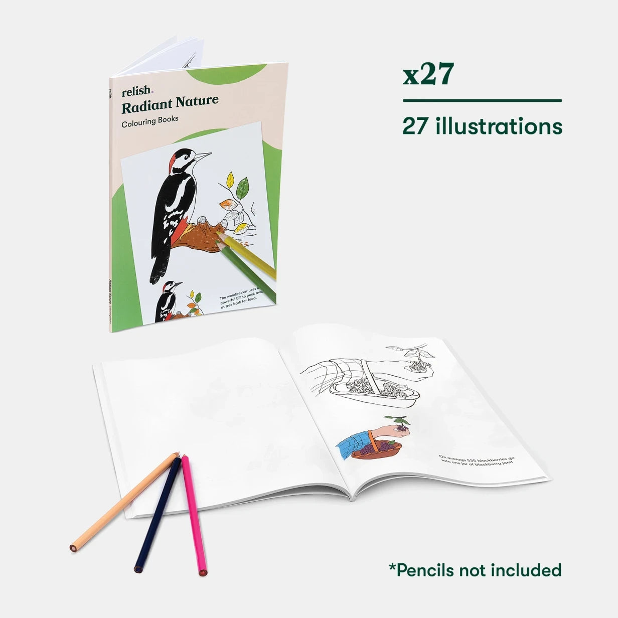 Coloring book for people living with dementia with 27 nature illustrations, ideal for care home activities and gifts for the elderly.