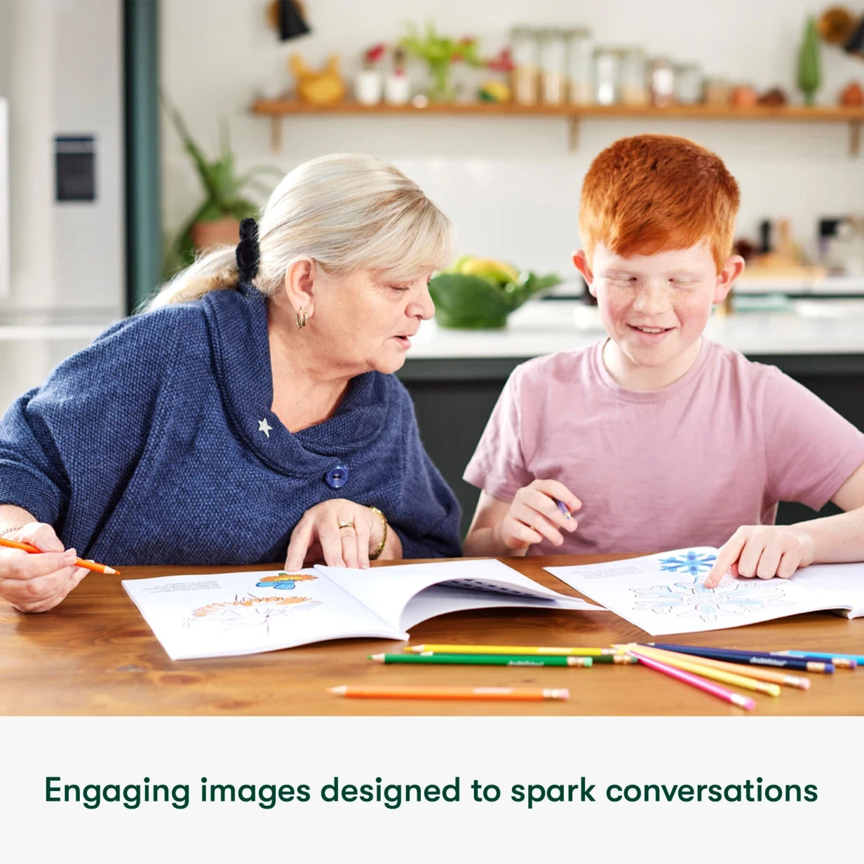 Elderly woman and child engage in arts and crafts for dementia, using coloring books for people living with dementia, fostering joy.
