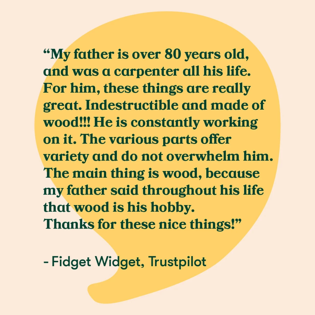 Review praising fidget widget for dementia patients, highlighting its wooden design and benefits for elderly activities.