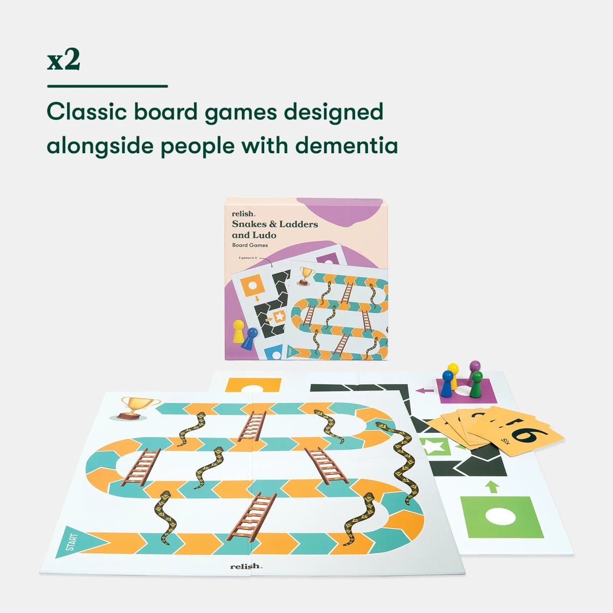 Board games designed for people with dementia, featuring Snakes & Ladders and Ludo, by Relish.