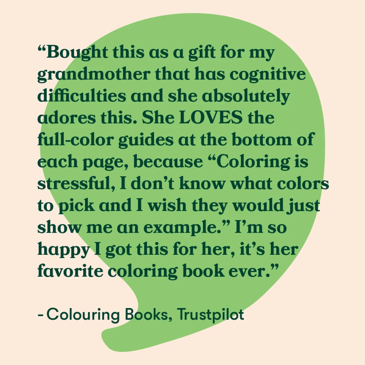 Customer review praises a coloring book for dementia, highlighting its stress-free guides, ideal for care home activities.