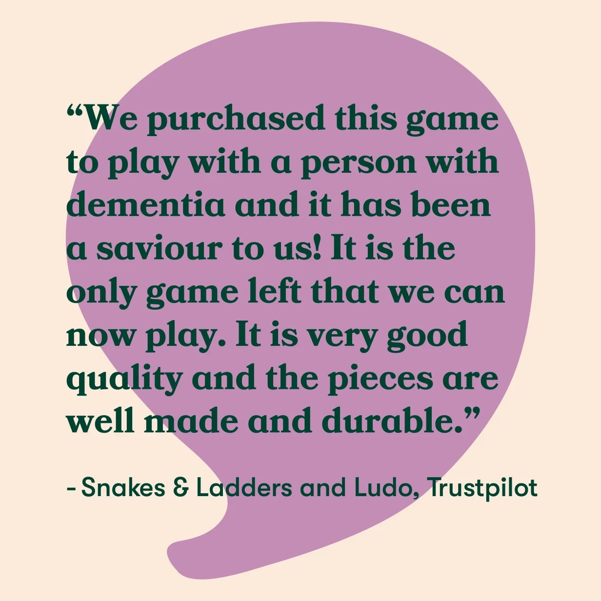 Customer review praising a dementia-friendly game for its quality and durability.