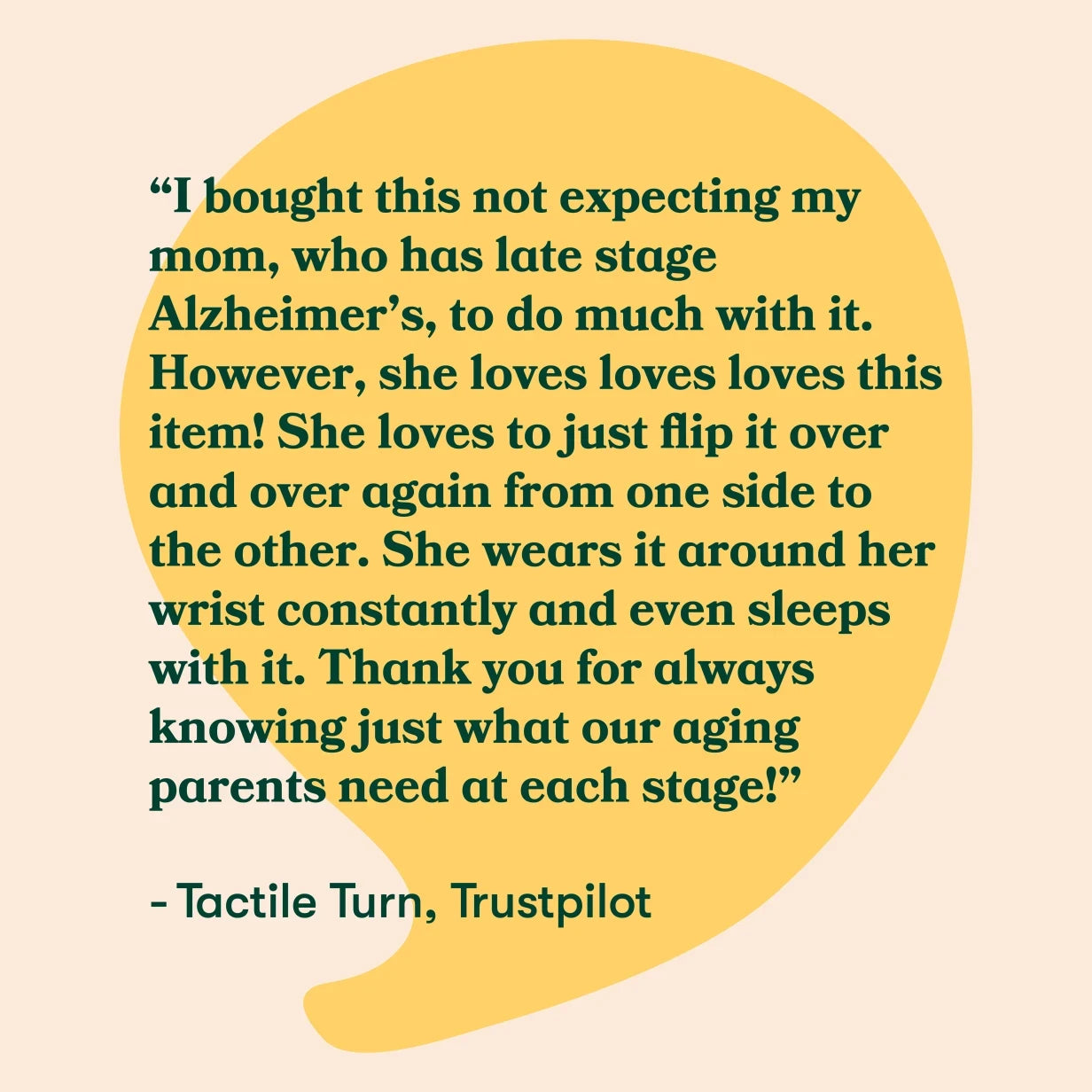 Customer review praising a dementia-friendly product for elderly care, highlighting its positive impact on people with Alzheimer's.