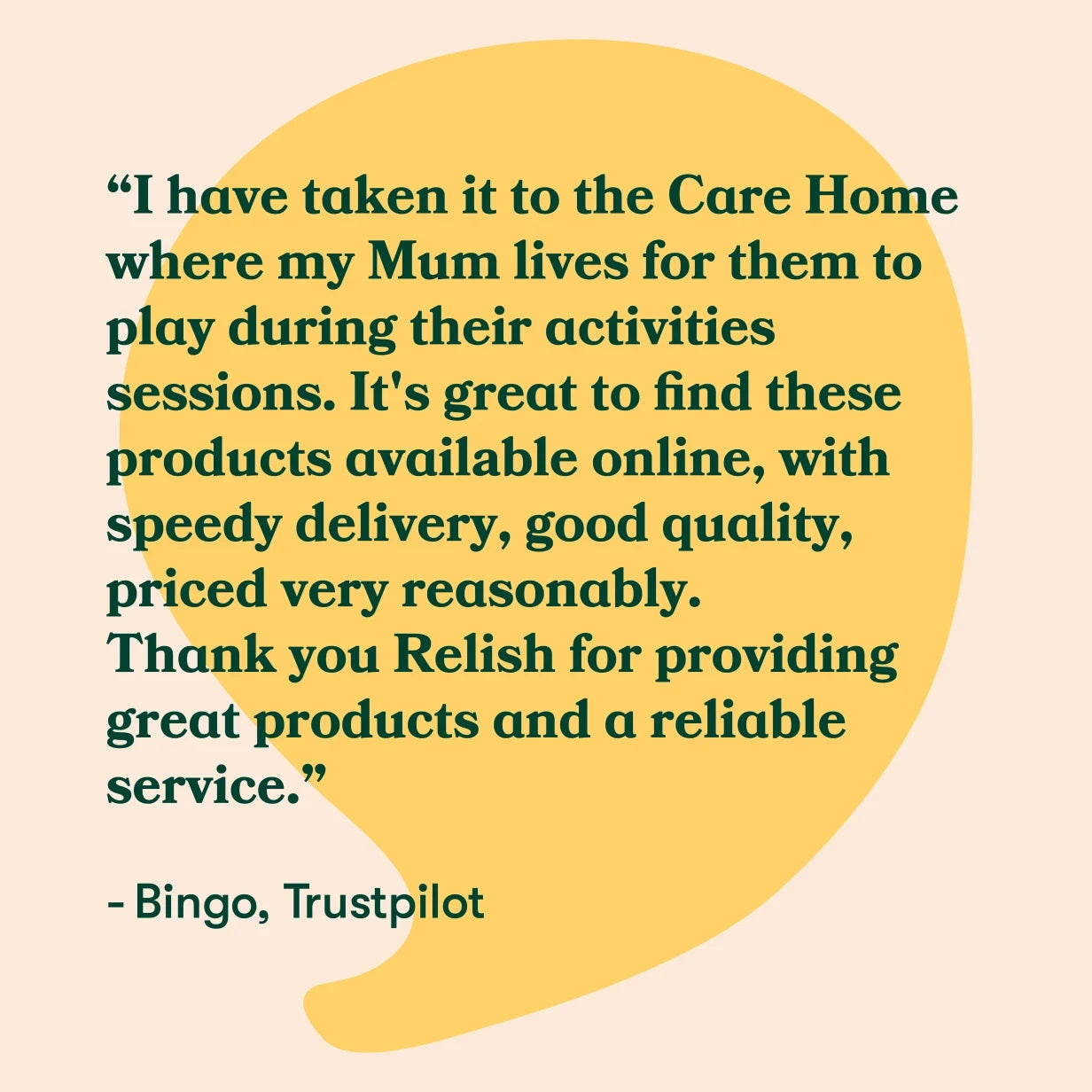 Testimonial praising Relish Life's activities for care homes, highlighting quality Alzheimer's products and reliable service.