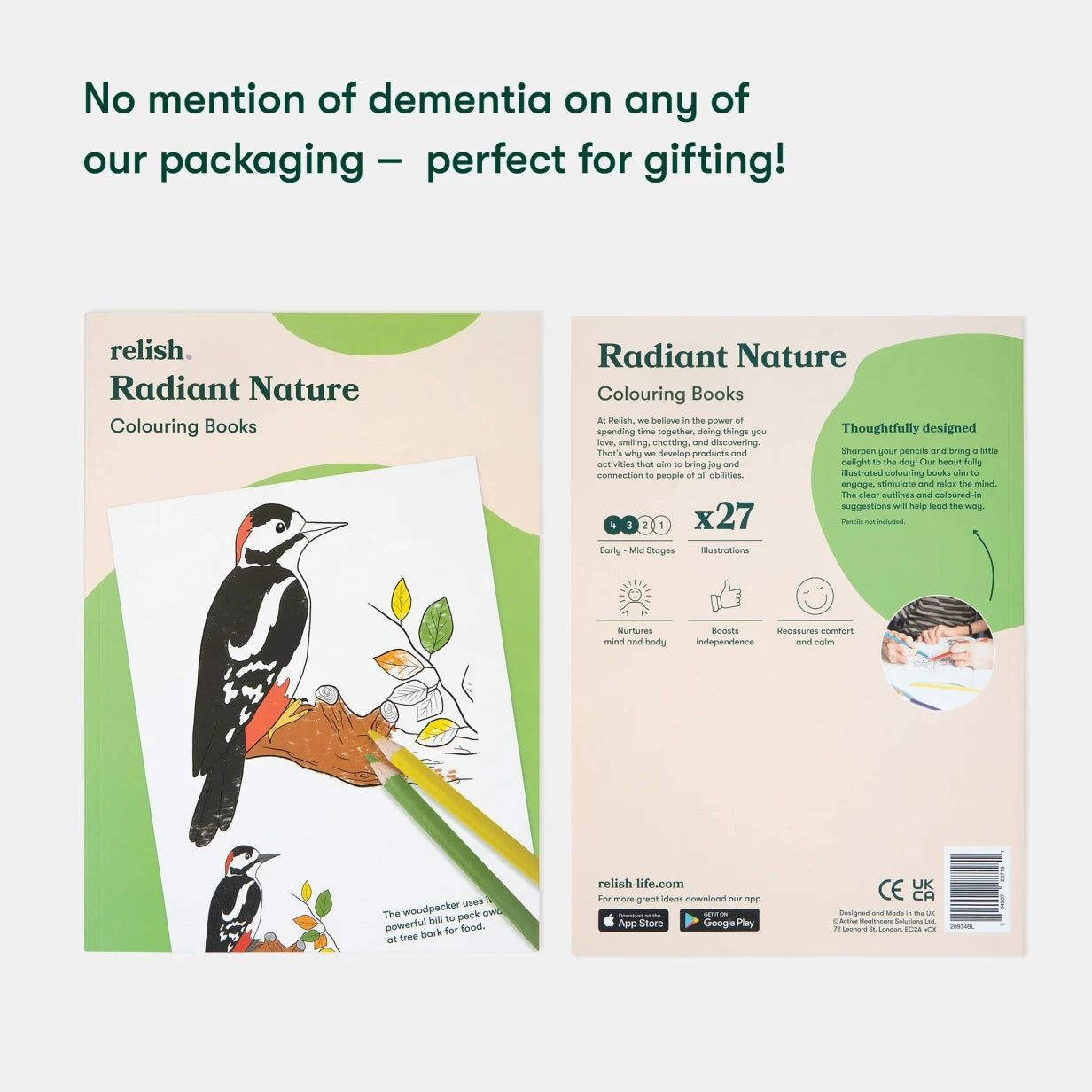 Coloring book for people living with dementia, ideal for care home activities, features nature scenes, enhancing calm and engagement.