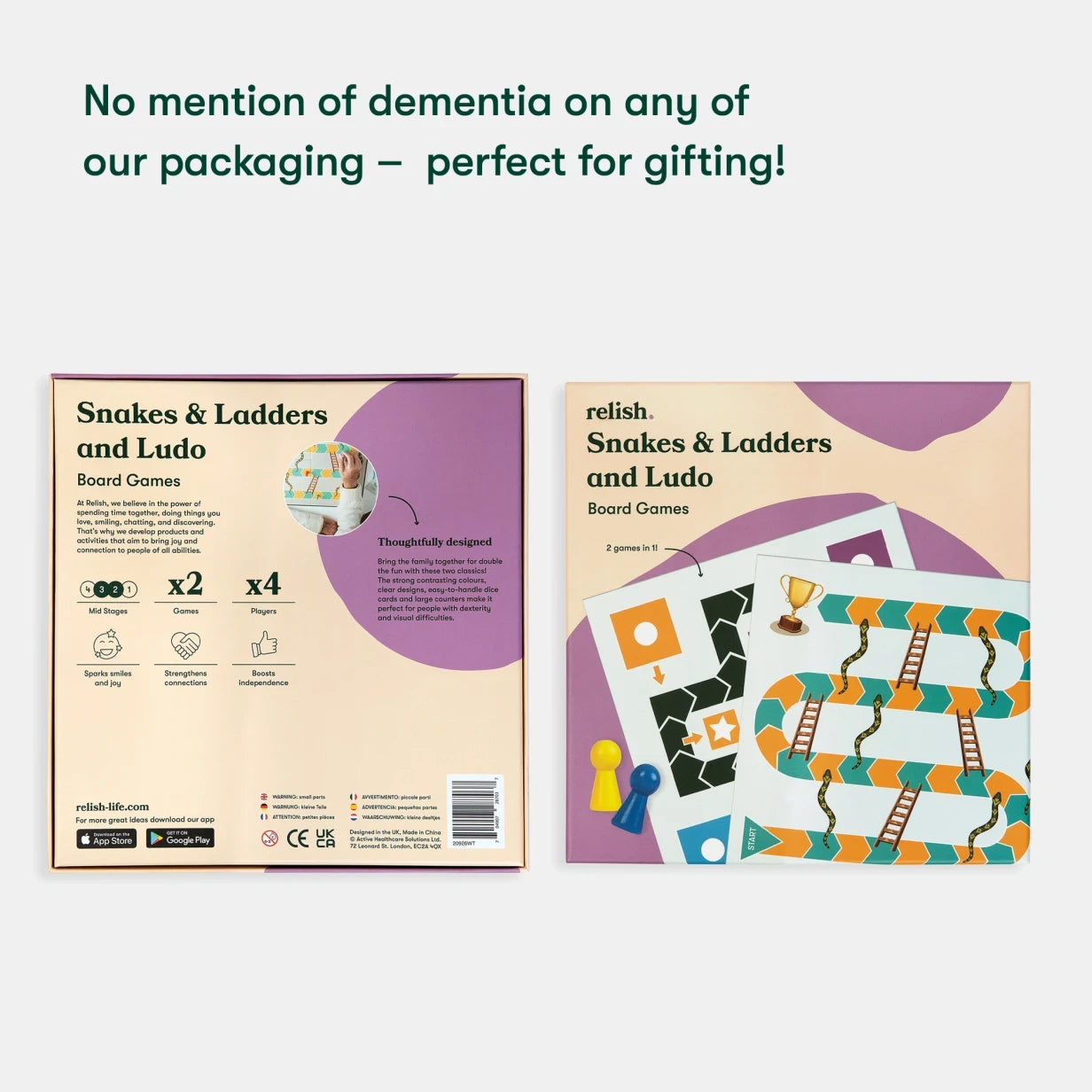 Board game packaging for Snakes & Ladders and Ludo by Relish, designed for gifting without mentioning dementia.