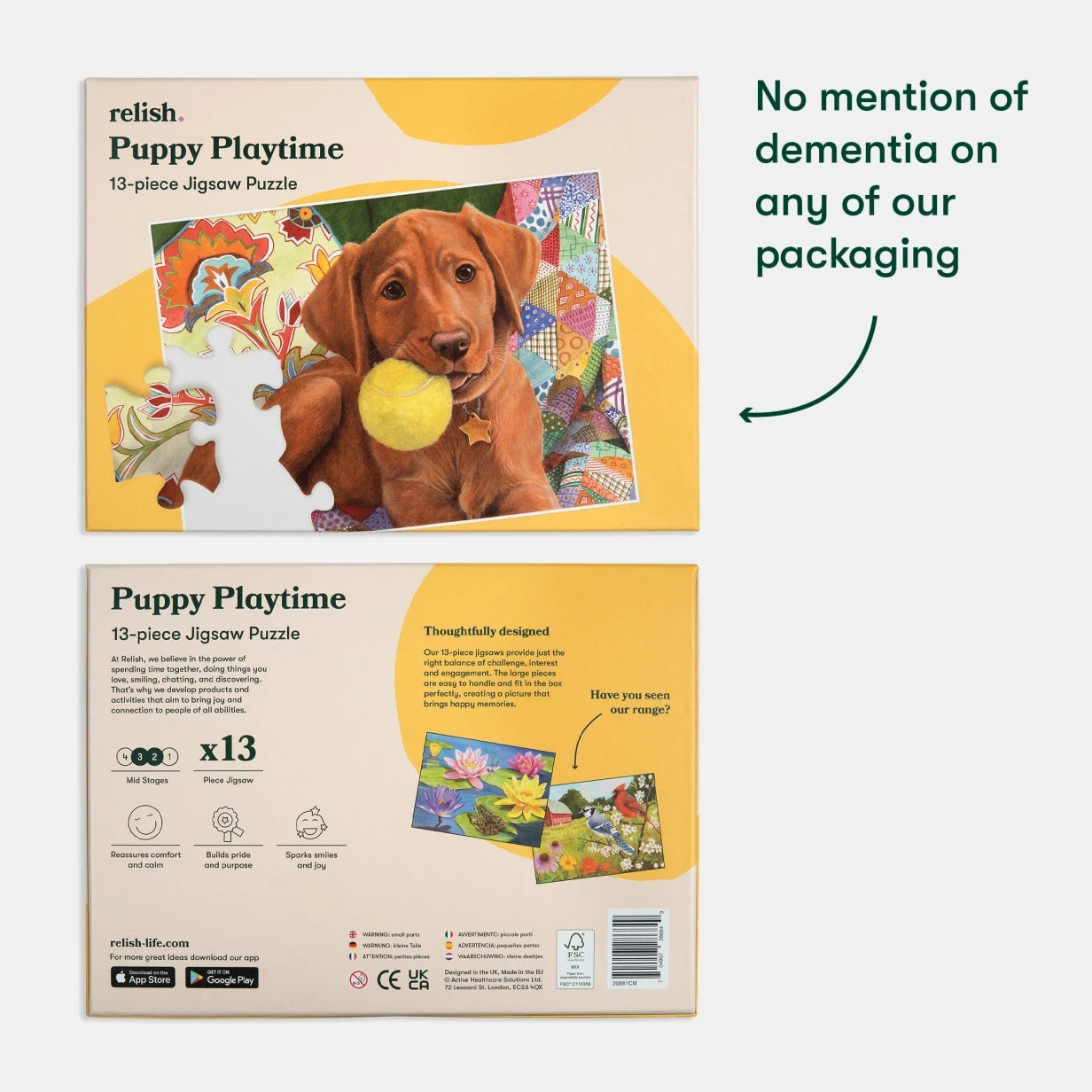 Jigsaw puzzle packaging with a puppy image, designed for those with dementia without explicitly mentioning it.