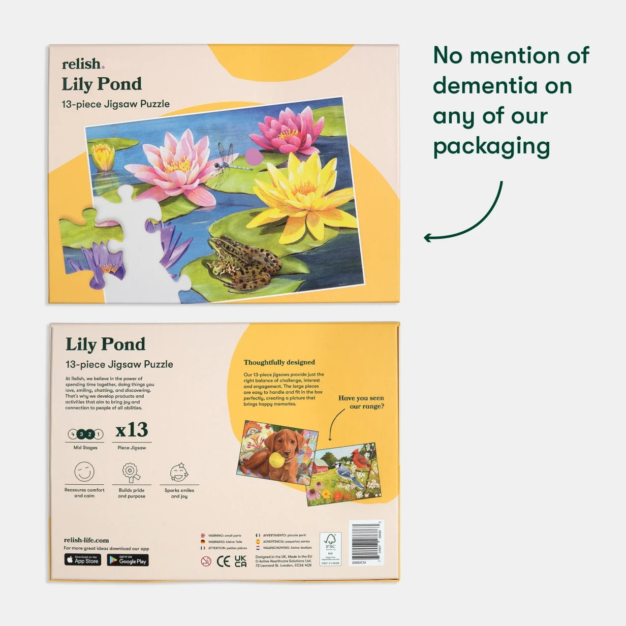 Jigsaw puzzle box for dementia care homes, promoting engagement and joy. No mention of dementia on packaging.