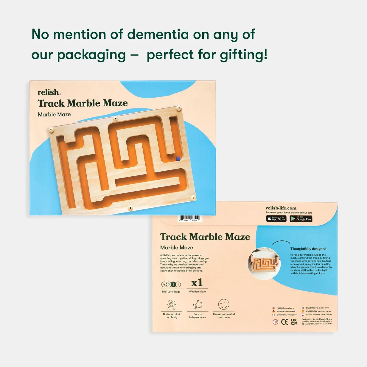 Track Marble Maze packaging, ideal for dementia activities, gifts, and care home residents. No dementia mention on packaging.