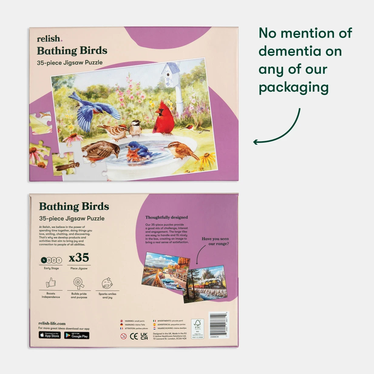 "Bathing Birds jigsaw puzzle for people living with dementia, offering engaging activities for elderly in care homes, boosting joy."