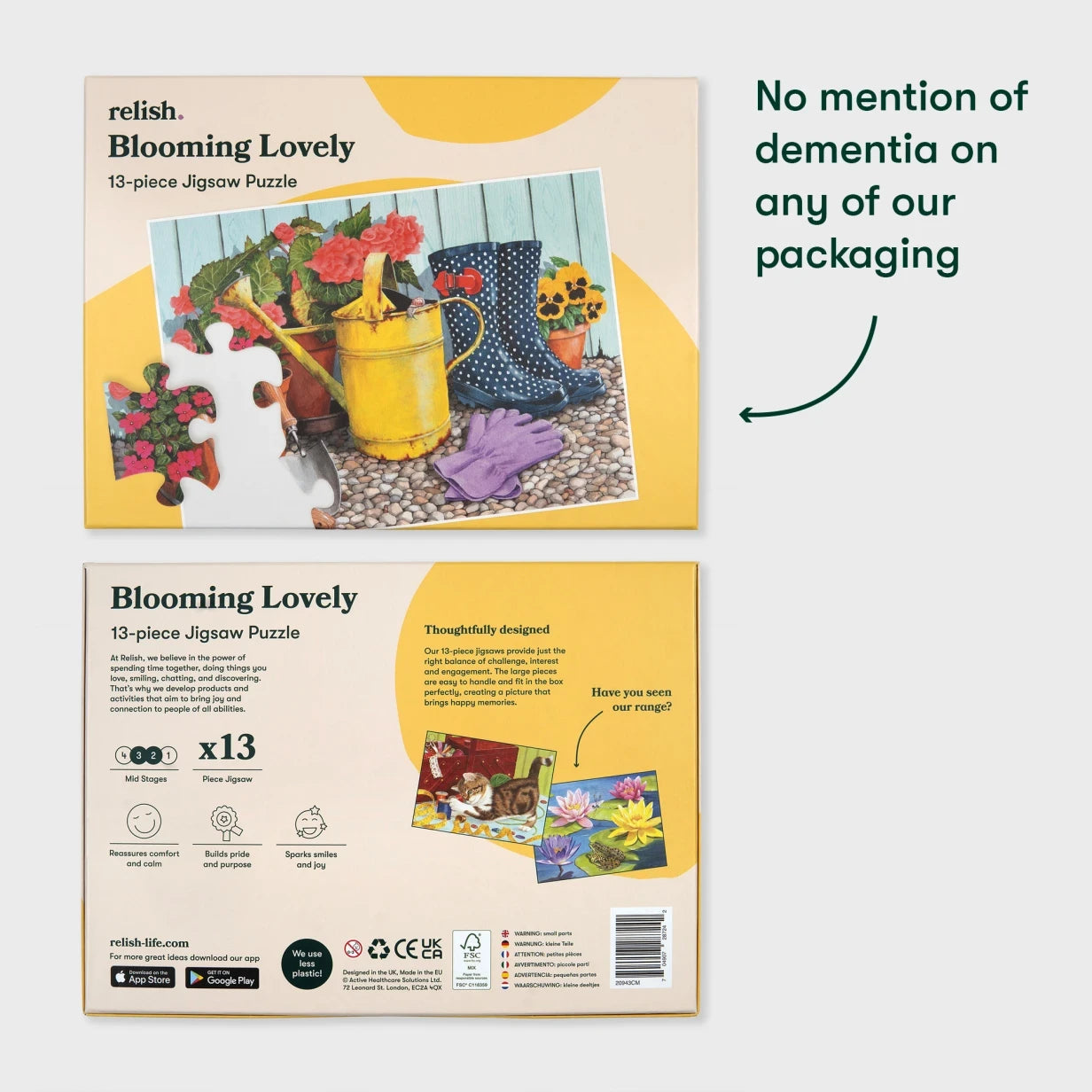 Jigsaw puzzle box for dementia activities, featuring garden tools, ideal for care homes and gifts for elderly with dementia.