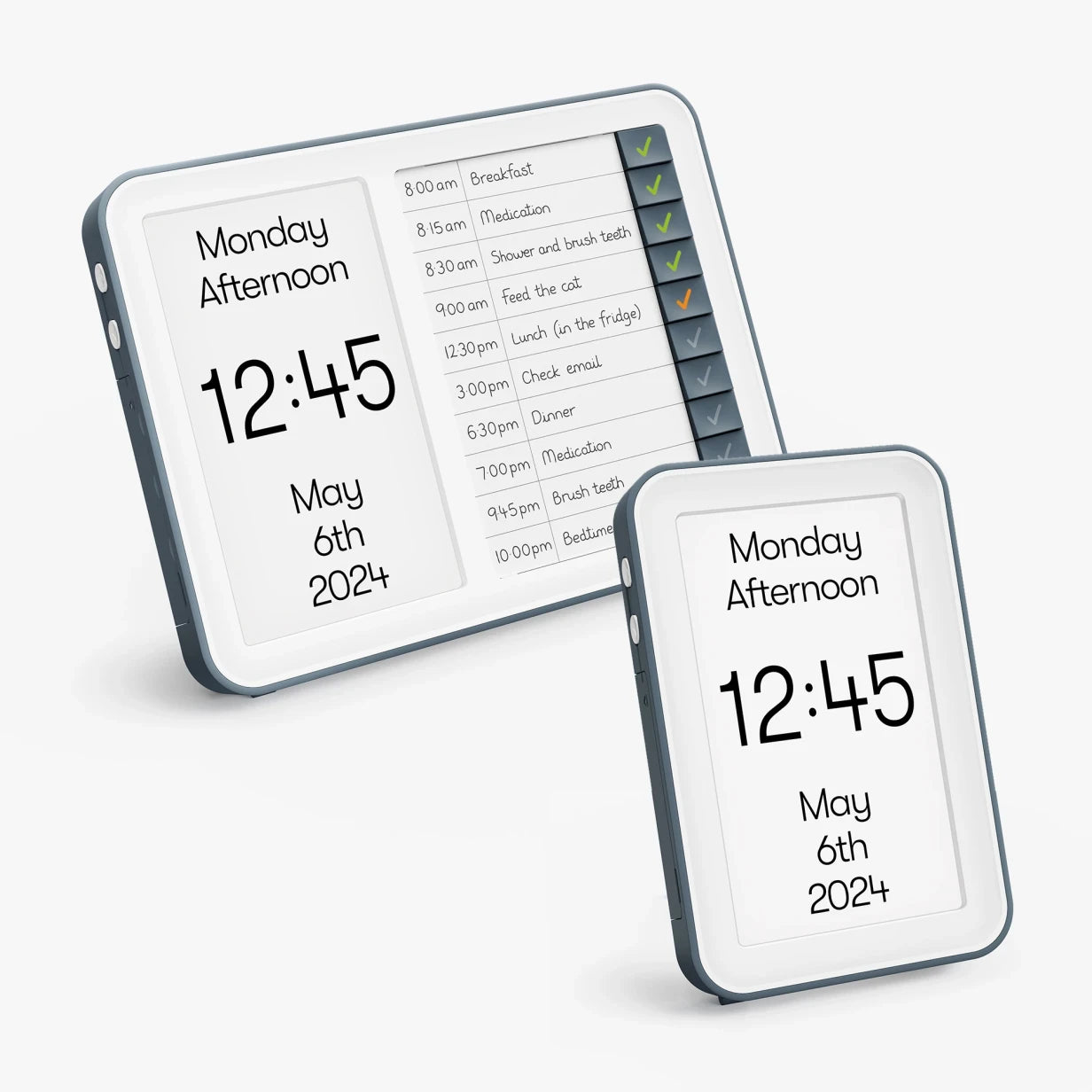 Digital dementia clocks display time, date, and reminders, aiding activities for elderly in care homes and dementia patients.