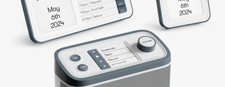 Digital dementia clocks and radio for care homes, enhancing activities for elderly with Alzheimer's, fostering connection.