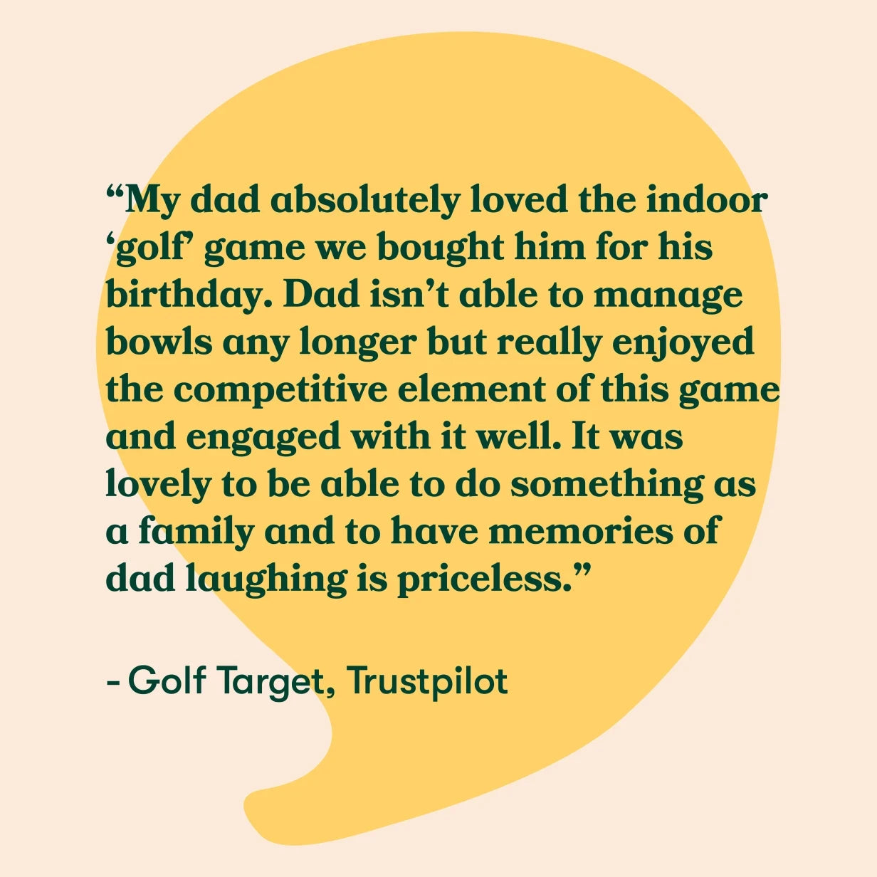 Testimonial praising a dementia-friendly indoor golf game, highlighting its engaging and competitive nature for elderly care.