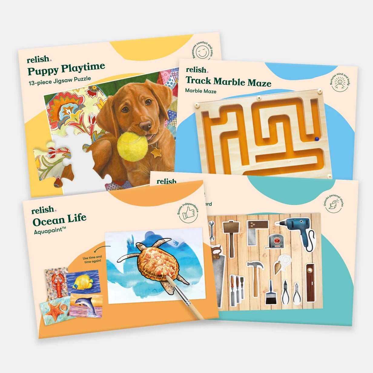 Relish Life offers dementia-friendly puzzles, aquapaint, and marble mazes for care home activities and elderly engagement.