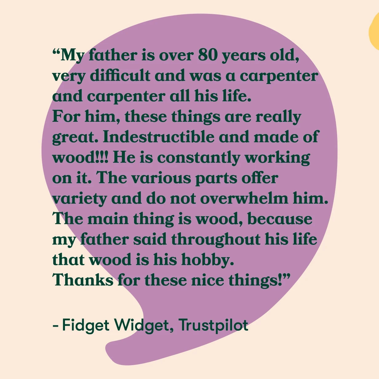 "Testimonial about a wooden fidget toy for people living with dementia, highlighting its durability and engagement for elderly care."